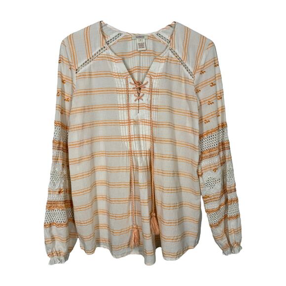 Sundance Sunset Stripes Top Small Lace Up Embroidered Blouse White Orange Boho - Picture 2 of 6